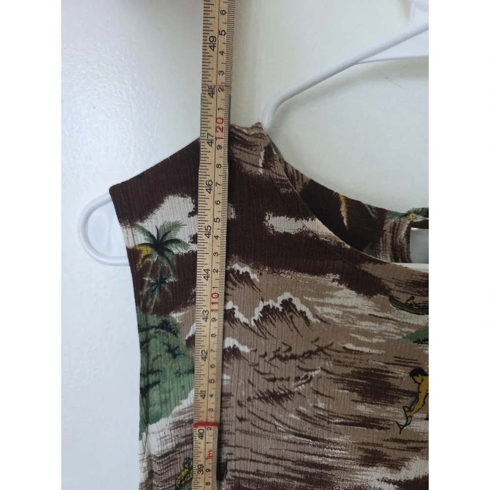 Vintage‎ Tropical Hawaiian Scenic Print Sleeveless Maxi Dress Brown Green Tan
